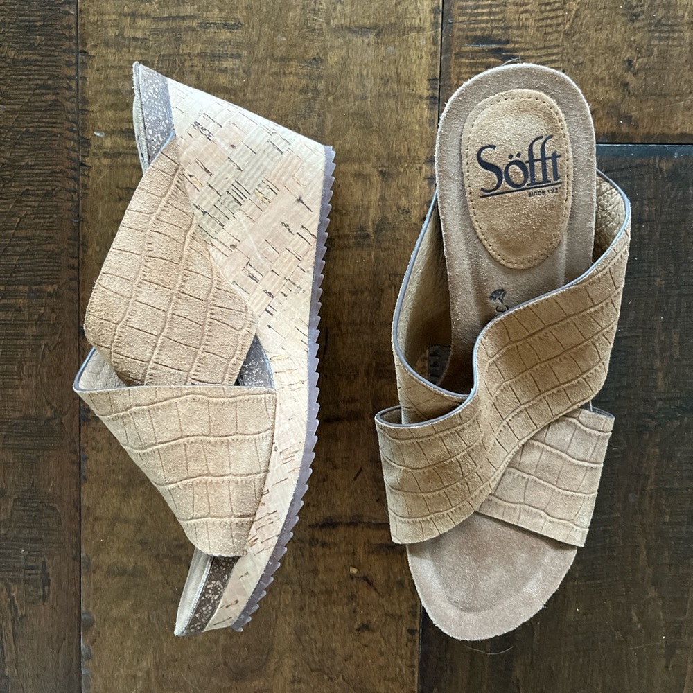 Sofft Ciera sandals with tan crossover crocodile leather straps cork wedge heels